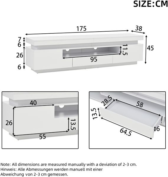 TV-Schrank Weiß 175x38x45 cm, 2 L-förmige Schränke & 1 Schublade, Halboffene Aufbewahrung, LED-App-Steuerung Bild 9