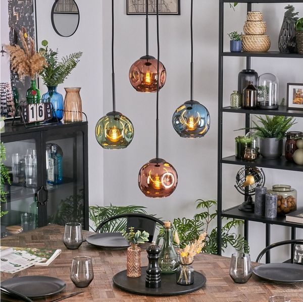 hofstein Hängeleuchte Hängelampe aus Metall/Glas in Schwarz/Blau/Grün/Kupferfarben, Hängeleuchte im modernen Retro/Vintage-Design (15 cm), 4 x E27