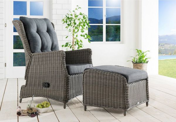 Destiny Balkonset CASA RELAX CASA Sessel mit Fußhocker, vintage grau, (4-tlg, 1 Sessel stufenlos verstellbar und 1 Fußhocker, inkl. Polster), Aluminium, Polyrattan