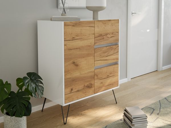 Sideboard Yako XL 80cm 3 SoftClose 1 Tür Weiß/Eiche Front : Oak Gold / Weiss hochglanz