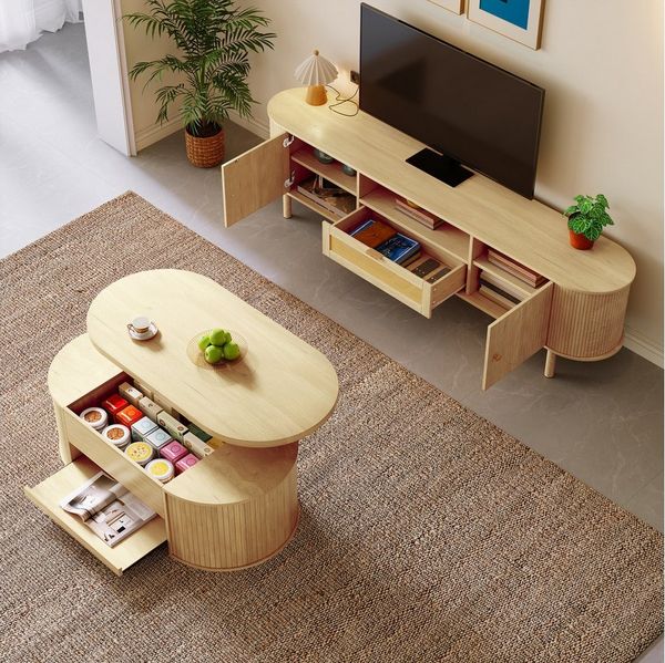 HAUSS SPOLE Wohnzimmer-Set mit Couchtisch&Lowboard,Wohnzimmerset Möbelsets mit Holzmaserung, (Wohnzimmermöbel-Set, 2-St, Couchtisch 110*55,5*40 cm + TV-Schrank 175*36*41 cm), abgerundete Kanten, höhenverstellbarem Satztisch