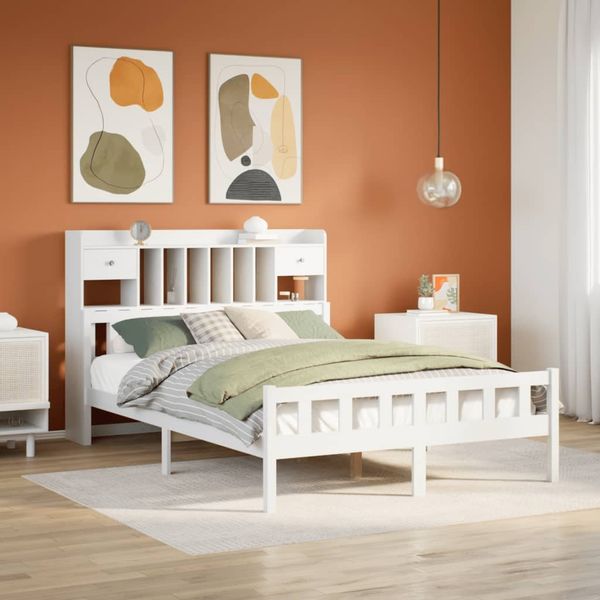 vidaXL Massivholzbett mit Regal ohne Matratze Weiß 150x200 cm Kiefer 3322175