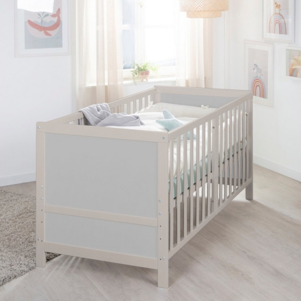 roba Babybett EASY SLEEP 70x140 cm inkl. Umbauecken - Mitwachsendes Gitterbett 3-fach höhenverstellbar - 3 Schlupfsprossen - Holz natur/grau