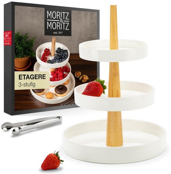 Moritz & Moritz Etagere Moritz & Moritz Etagere rund 3-Stufig weiß mit Holz Stange, Porzellan, (3 Etagen, 2-tlg), Perfekt als Obstschale für Obst Aufbewahrung, Muffins und Cupcakes