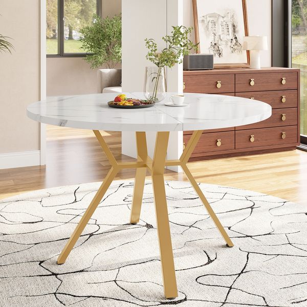 Esstisch Ø 100x75 cm mit Marmoroptik – runder Tisch aus MDF und Stahl in Weiß/Gold