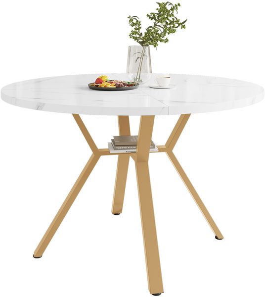Esstisch Ø 100x75 cm mit Marmoroptik – runder Tisch aus MDF und Stahl in Weiß/Gold Bild 6
