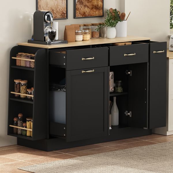 Modernes Sideboard mit unterschiedlichen Schubladen, Buffetschrank mit Abfallbehälterfach und externer Gewürzregal für Esszimmer, Wohnzimmer und Küche (Schwarz)
