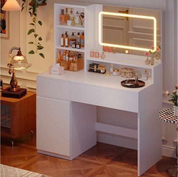 HOMALL Schminktisch Mit integrierten LED-Leuchten, einstellbare Helligkeit und Temperatur (Produktabmessungen: 90 × 40 × 135 cm Mit 5 offenen Ablagefächern + 2 Schubladen + 1 doppelstöckigem Schrank)