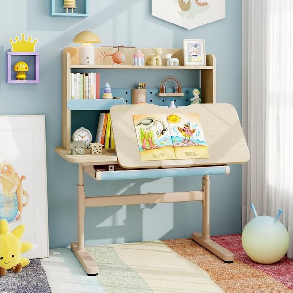 COSTWAY Kindertisch, mit Regal & Schublade, höhenverstellbarer, ab 3 Jahre