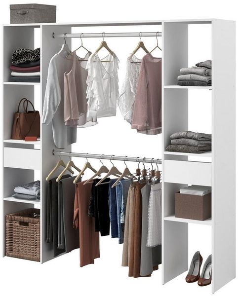 Parisot Combi 3 – Kleiderschrank 176 cm Weiß mit Vorhang, 2 Schubladen & 2 Kleiderstangen