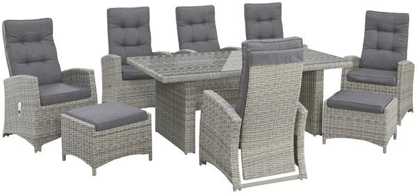 KONIFERA Garten-Essgruppe Monaco, (Set, 17-tlg, 6x Sessel, 2x Hocker, 1x Tisch 200x100x74cm, inkl. Auflagen), Polyrattan, Aluminium, Rückenlehne verstellbar
