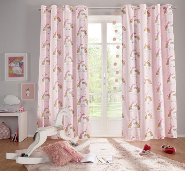 Lüttenhütt Gardine EINHORN (1 St), Ösen, halbtransparent, Kindergardine, Einhorn, Regenbogen, einseitig bedruckt