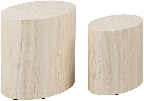 C Design Furniture Rico Couchtisch in Beige Travertine Optik 2er Set, Platzsparende Ovale Beistelltische fürs Wohnzimmer, Moderne Satztische, B: 48 x H: 40 x T: 33 cm und B: 40 x H: 33x T: 24,5 cm