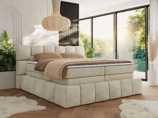 Boxspringbett NIRA KING, Doppelbett mit Fußteil, 7-Zonen Multipocket-Matratzen und Topper, Schlafzimmerbett - 160 x 200 cm - Beige Velvet - H3