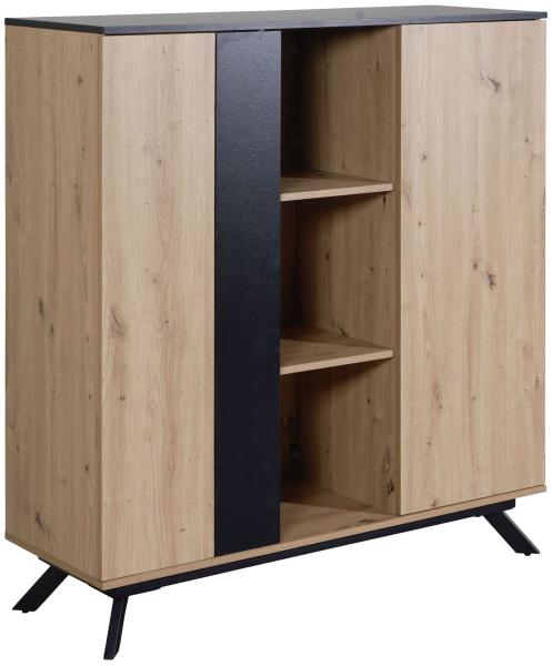 Highboard 110x125x40 cm MDF Sideboard in Eiche-Dekor / Schwarz, Kommode mit 2. ..