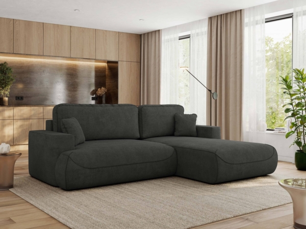 Ecksofa OVO mit schlaffunktion und bettkasten, Wellenfeder, lose Kissen, L-form 271x195 cm - Dunkelgrau Struktur - rechte Seite
