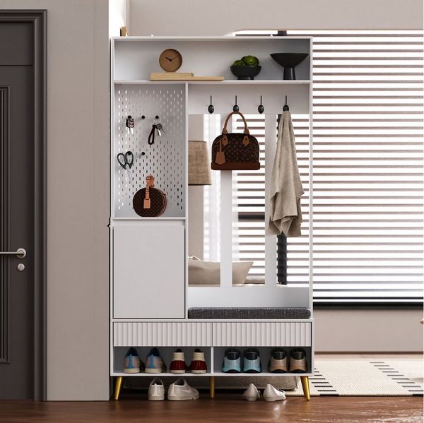 OKWISH Garderoben-Set für Ihren Eingangsbereich, (Garderoben-Set mit Sitzbank, 4 Haken, 2 Schubladen & Tür, 100×35×180 cm – Multifunktionale Wandgarderobe, 1-St, mit 4 Kleiderhaken, zwei Schubladen und 1 Türen)