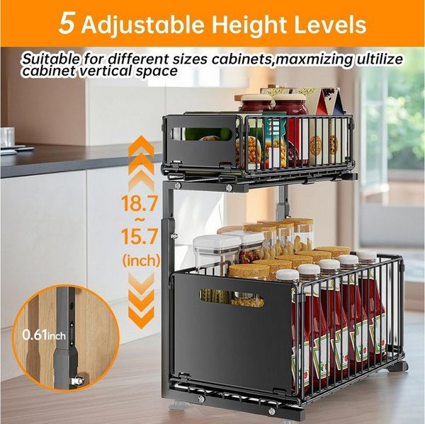 BlingBin Küchenorganizer-Set 2 Etagen Küchenregal, Ausziehbarer Spülschrank Organizer, Gewürzregal, (2er Set, 2-tlg, Produktabmessungen: ‎26,5 x 38 x 41-48,5 cm), Höhenverstellbar Teleskopschublade, Stahl-Aufbewahrungsregal für Küche