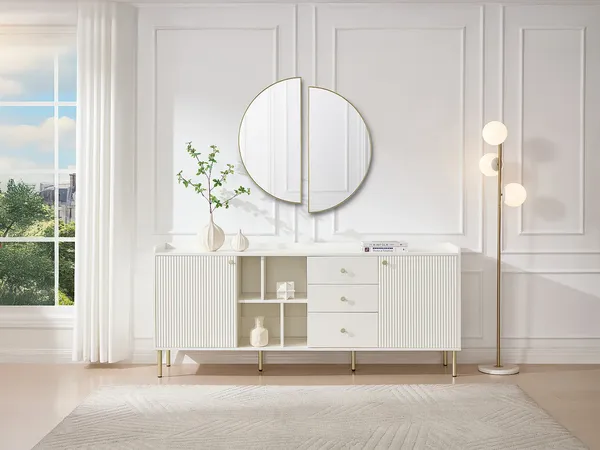 Vente-unique - LUNAOR Sideboard Holz, Platte Weiß - B 40 cm x H 80 cm x L 185 cm