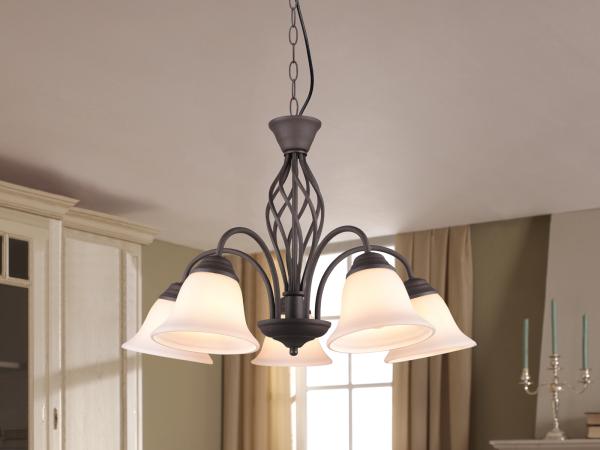 TRIO Leuchten LED Kronleuchter, LED wechselbar, Warmweiß, Esstisch-lampe Landhausstil in Rostoptik mit 5 Glas Lampenschirm Ø60cm