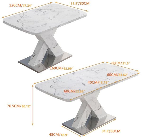 Celya Esstisch 120 cm–160 cm großer moderner quadratischer Esstisch (MDF-Tischbeinen in X-Form mit Metallfuß), ausziehbar, mit Tischplatte aus bedrucktem weißem Marmor