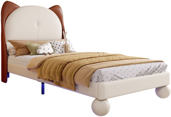 Kinder Polsterbett 90x200 mit Katzenohren & LED-Licht - Einzelbett Kunstleder,farbige Lichtleiste, beige+gelbbraun,Kuschelbett, LED-Bett Bild 8