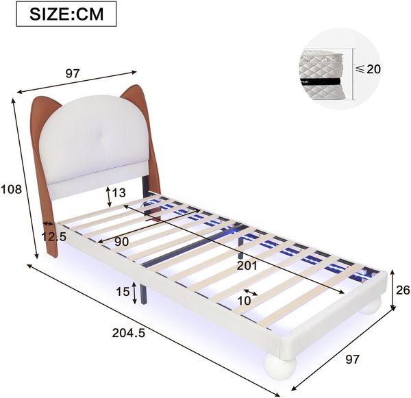 Kinder Polsterbett 90x200 mit Katzenohren & LED-Licht - Einzelbett Kunstleder,farbige Lichtleiste, beige+gelbbraun,Kuschelbett, LED-Bett Bild 10
