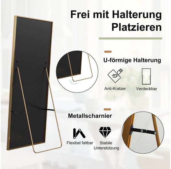 FUROKOY Ganzkörperspiegel Standspiegel Wandspiegel,stehend oder wandmontiert mit Metallrahmen, verstärktem Glas,Rechteck,Gold,164 x 54 cm