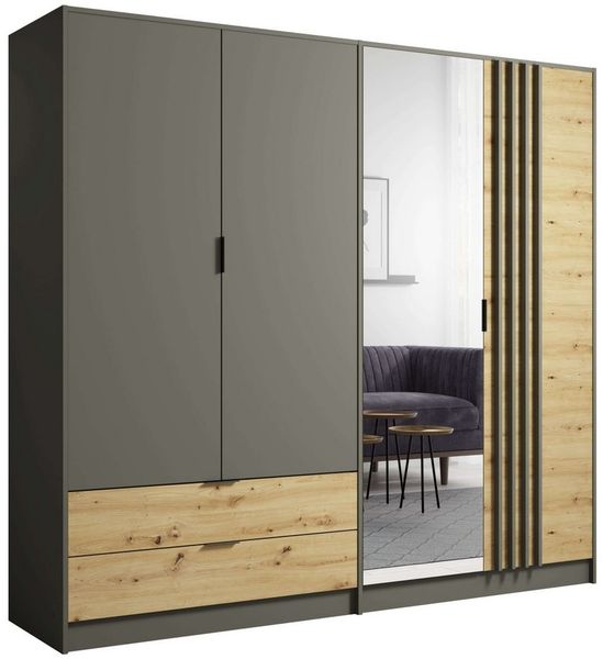 INOSIGN Kleiderschrank Kleiderschrank Loreto mit Schubkästen und Spiegel, B/T/H 220/54/202 cm Schrank mit Drehtüren und Schubladen, Spiegel und MDF-Lamellen