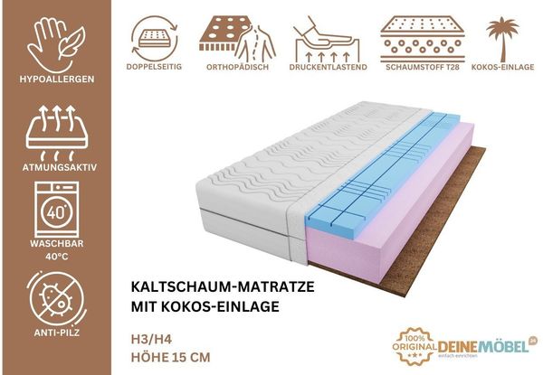Kaltschaummatratze H3 / H4 Kaltschaum-Matratze mit Kokos Würfelschnitt 15 cm, Deine Möbel 24, 15 cm hoch, (80x200 90x200 100x200 120x200 140x200 160x200 180x200 antiallergisch), Doppel-seitig