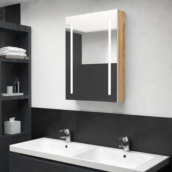 vidaXL LED-Bad-Spiegelschrank Weiß und Eiche-Optik 50 x 13 x 70 cm, Mit Beleuchtung [326500]