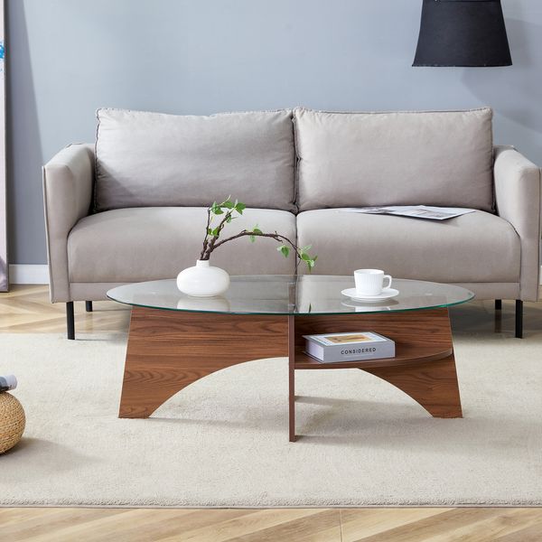 Couchtisch oval H 35.6 x T 104.9 x B 60 cm, Sicherheitsglas mit Ablage und Gestell in Nussbaumoptik