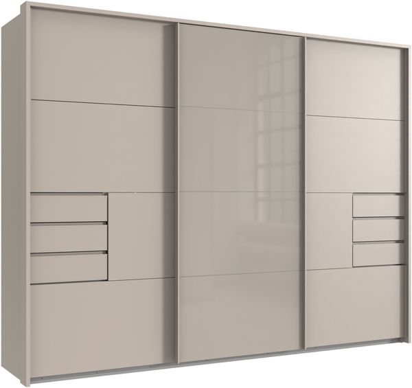 Schwebetürenschrank Kleiderschrank 3-trg 273cm Beige Grau Glasfront Passepartout