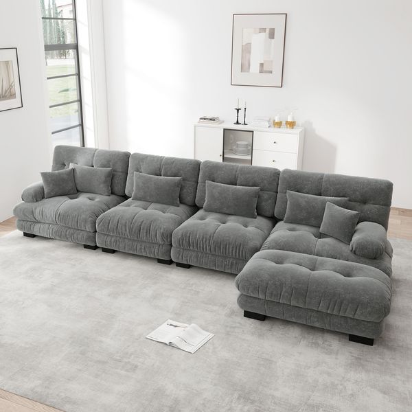 Flieks 4-Sitzer Ecksofa, Modular Cloud Schlafsofa aus Chenille mit 4 Lenden- & 2 Dekokissen, breiten Armlehnen & Ottoman, Grau