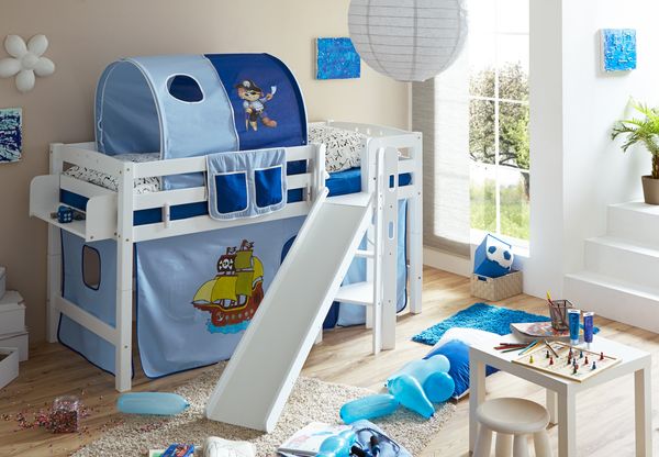 Hochbett mit Rutsche "Tino" 90x200 Buche massiv weiß
