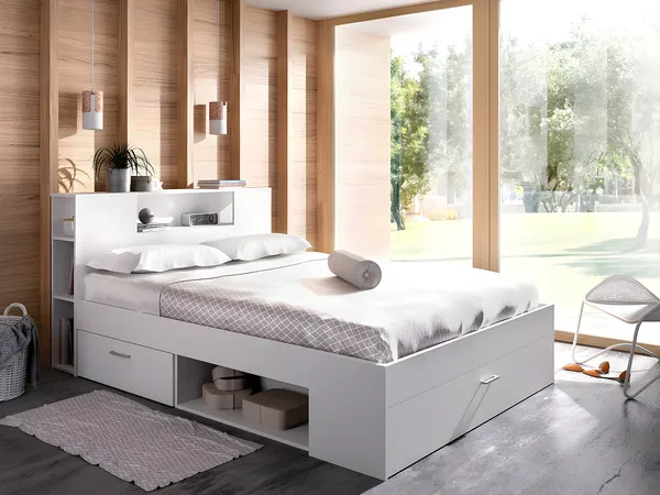 Vente-unique - Bett mit Kopfteil, Stauraum & Schubladen - 160 x 200 cm - Weiß - LEANDRE