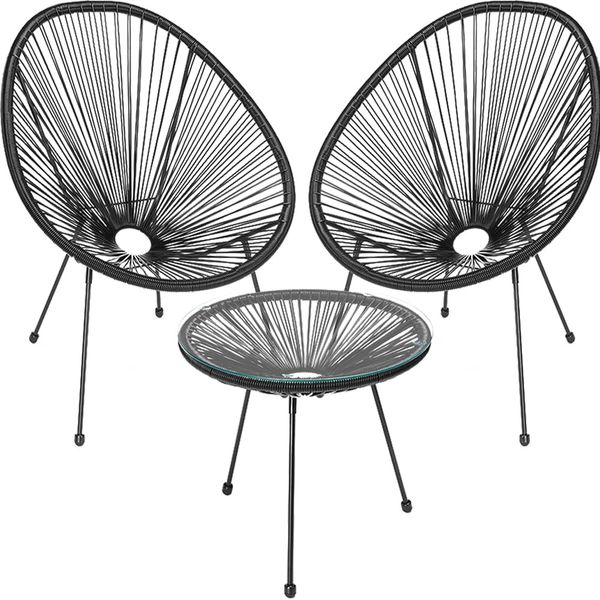 Shally Dogan Freddy Gartenmöbel-Set aus Polyrattan, 2 Sitzplätze mit Tisch, 2 Eiersesseln, 1 Gartentisch, Wohnzimmer, Terrasse, Balkon, Restaurant, Bistro, Bar (schwarz)