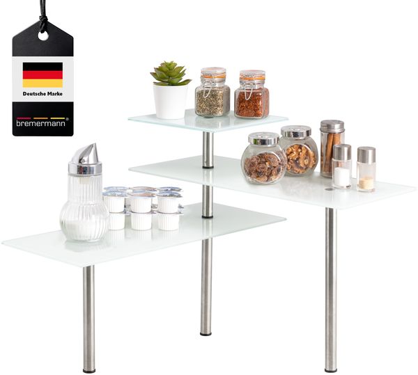 Eckregal, aus Glas und rostfreiem Edelstahl, weiß