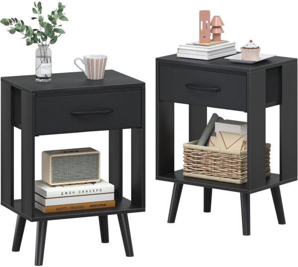 OYRREU Nachttisch 2er Set 40x30x60,3cm Schwarz kompakt und stabil