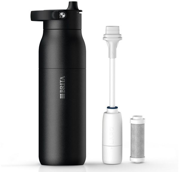 BRITA Trinkflasche BRITA LARQ Essential Filter Trinkflasche (1L) mit Strohhalm, Edelstahl Wasserflasche mit doppelwandiger Isolierung - hält 24h kalt