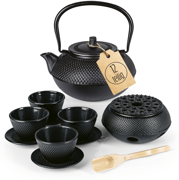 Lumaland Teeservice Set 12-teilig, 1,4 Liter Gusseiserne Teekanne Tetsubin (12-tlg), Bambus/Gusseisen/Edelstahl, Stövchen aus Gusseisen, 4 Teebecher & 4 Untersetzer uvm.