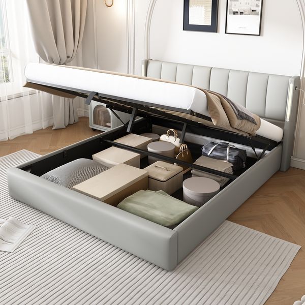 Polsterbett 140x200 cm, wasserdichtes PU, verstellbares Kopfteil 0–30°, LED-Beleuchtung & wiederaufladbarer USB-Anschluss, mit Stauraum,Grau