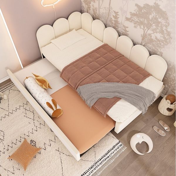 i@home Daybett Polsterbett 90x200 cm mit Ausziehbett 90x190 cm, Samt, Gitter-Design, Seitenteile tauschbar, beige/grau/rosa
