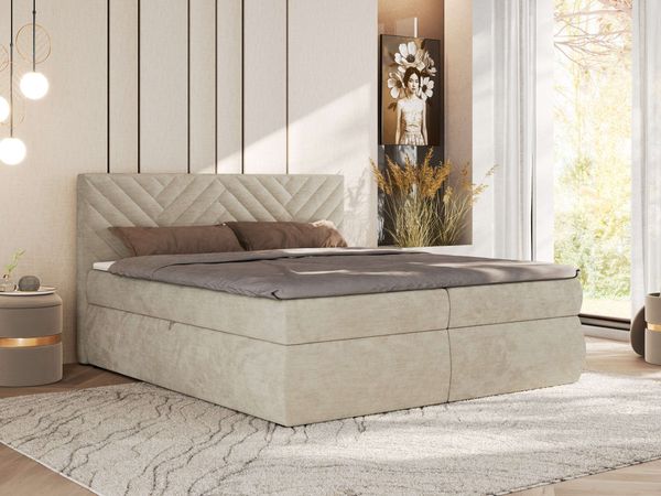 Boxspringbett AVERTA 140 x 200 cm mit Bettkasten und Topper, Doppelbett mit Bonnell-Federkernmatratze, gepolstertem Kopfteil, Stauraum, modernes Schlafzimmer Bett - Beige Schenille glatt - H4