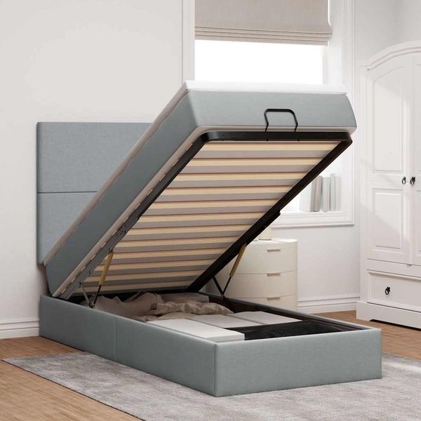 vidaXL Ottoman-Bett mit Matratze & LEDs Hellgrau 100x200 cm Stoff 3313899