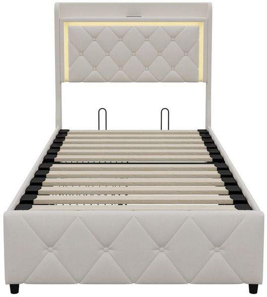 Furnishings Home Polsterbett LED Doppelbett 140x200cm, Stauraumbett mit Kopfteil und 4 Schubladen (Samtmaterial Polsterbett mit RGB Beleuchtung), mit Lattenrost und Ladefunktion, mit Komforthöhe, Leises Design Bett