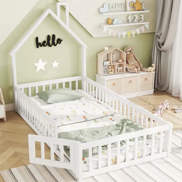 Hausbett mit Lattenrost und Rausfallschutz, 90x200 cm, Kinderbett, Jugendbett, Kiefer