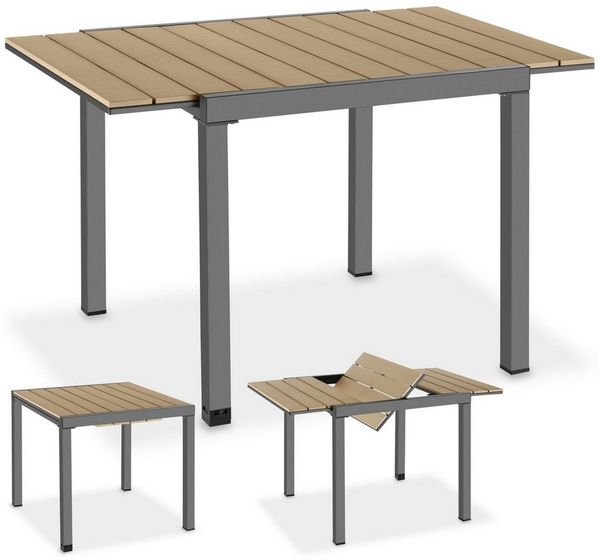 tectake Gartentisch Outdoor-Esstisch aus Aluminium für 4-6 Personen, 80–120 x 80 x 74 cm (Balkontisch Inca, 1-St, in schwarz/braun), Lamellen in Holzoptik, wetterfest und UV-beständig, höhenverstellbar