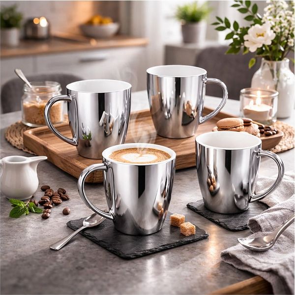 Neuetischkultur Tasse Becher Set silberfarben 4 teilig 250 ml mit Henkel, Keramik
