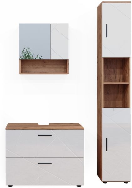 Badmöbel-Set Irma Weiß Hochglanz/Goldkraft Eiche 3 Teile, mit Schubladenschrank und Hochschrank Vicco
